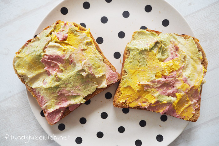 regenbogentoast, einhorn, rainbow, dip, hummus,